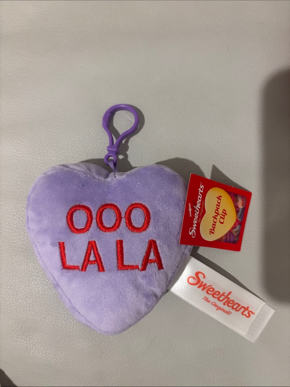 Lavender Plush Heart Bag Charm Backpack Clip with Red Embroidery